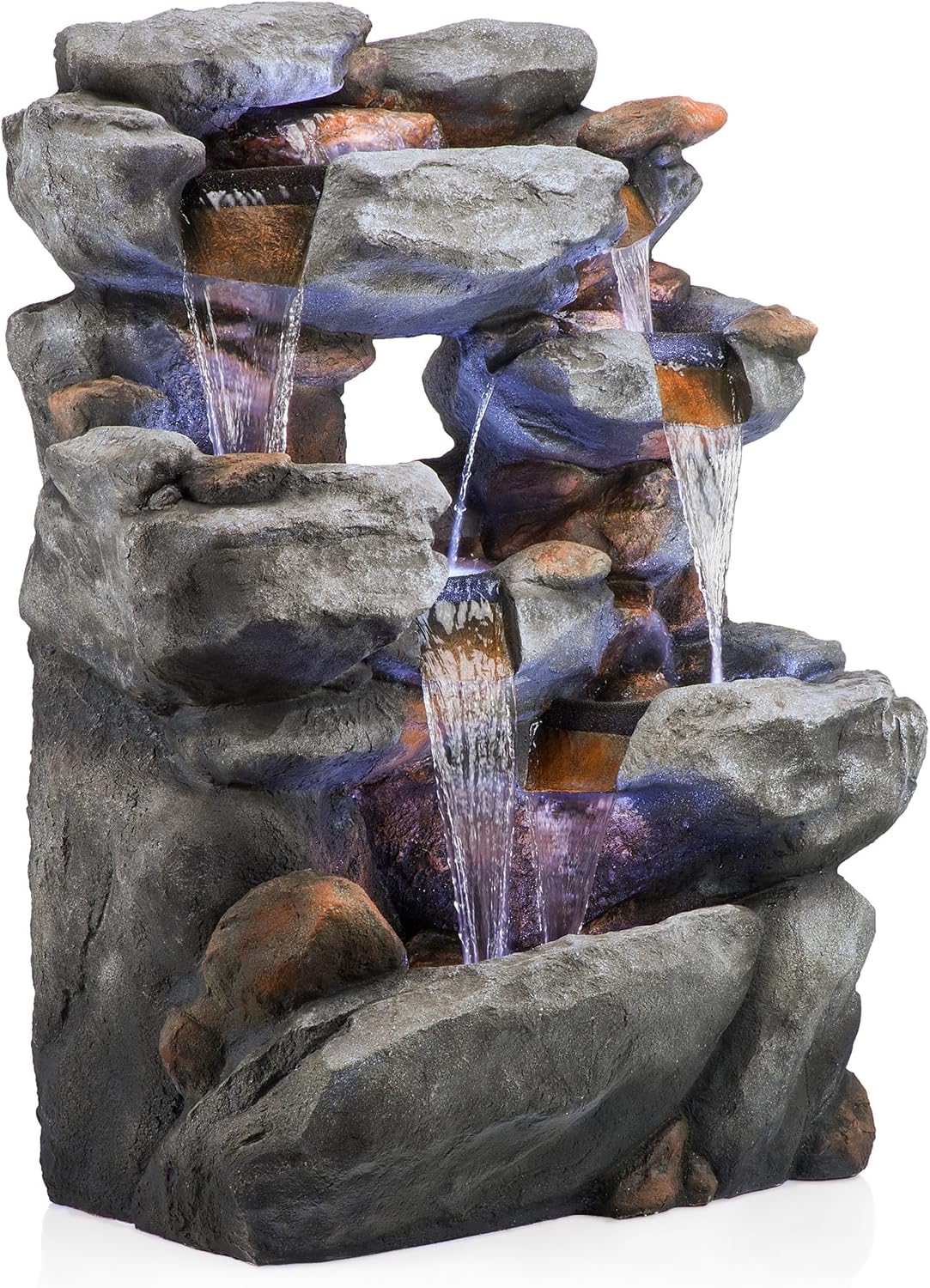 Alpine Corporation WIN1068 Outdoor Floor Rock Water Fountain with LED Lights, 5-Tier Rock Waterfall Fountain 54', Dark Brown