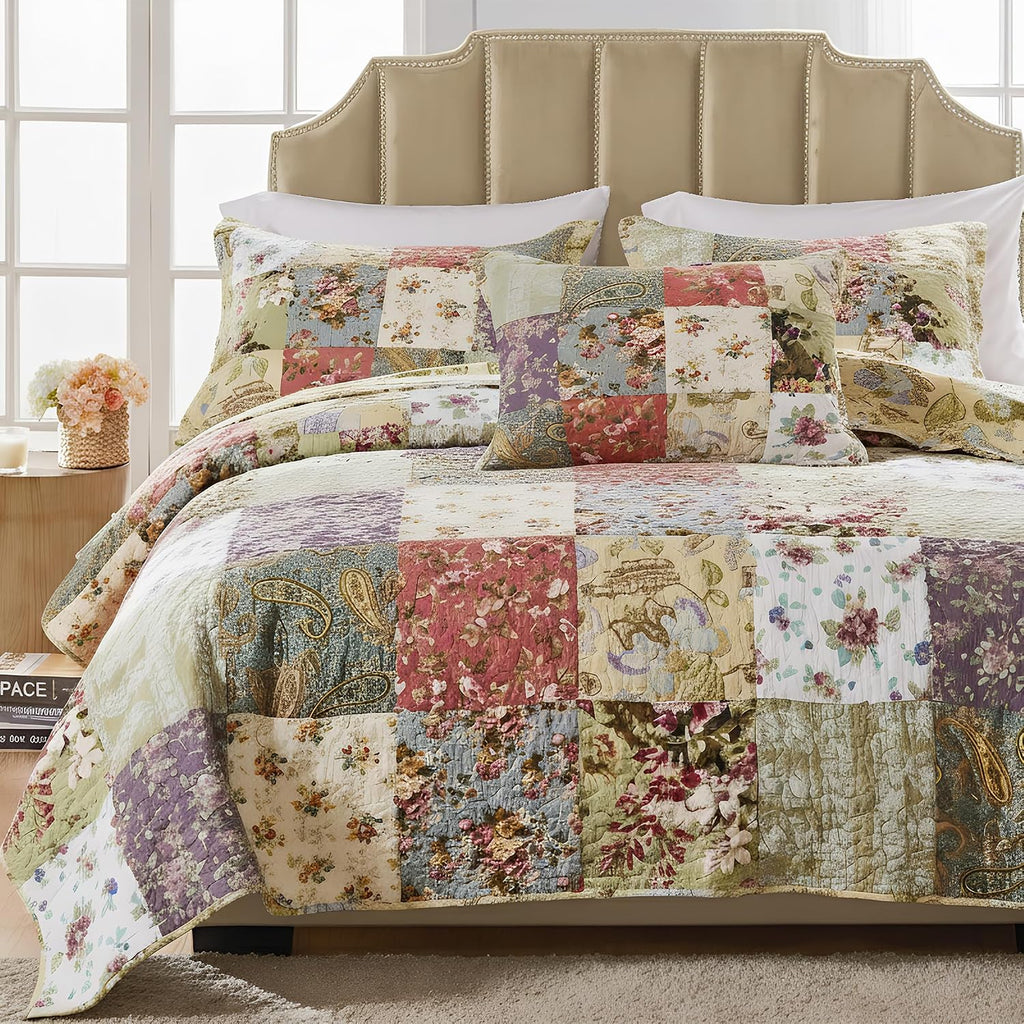 Greenland Home Blooming Prairie 100% Cotton Authentic Patchwork Reversible Quilt Set, 4-Piece Full/Queen