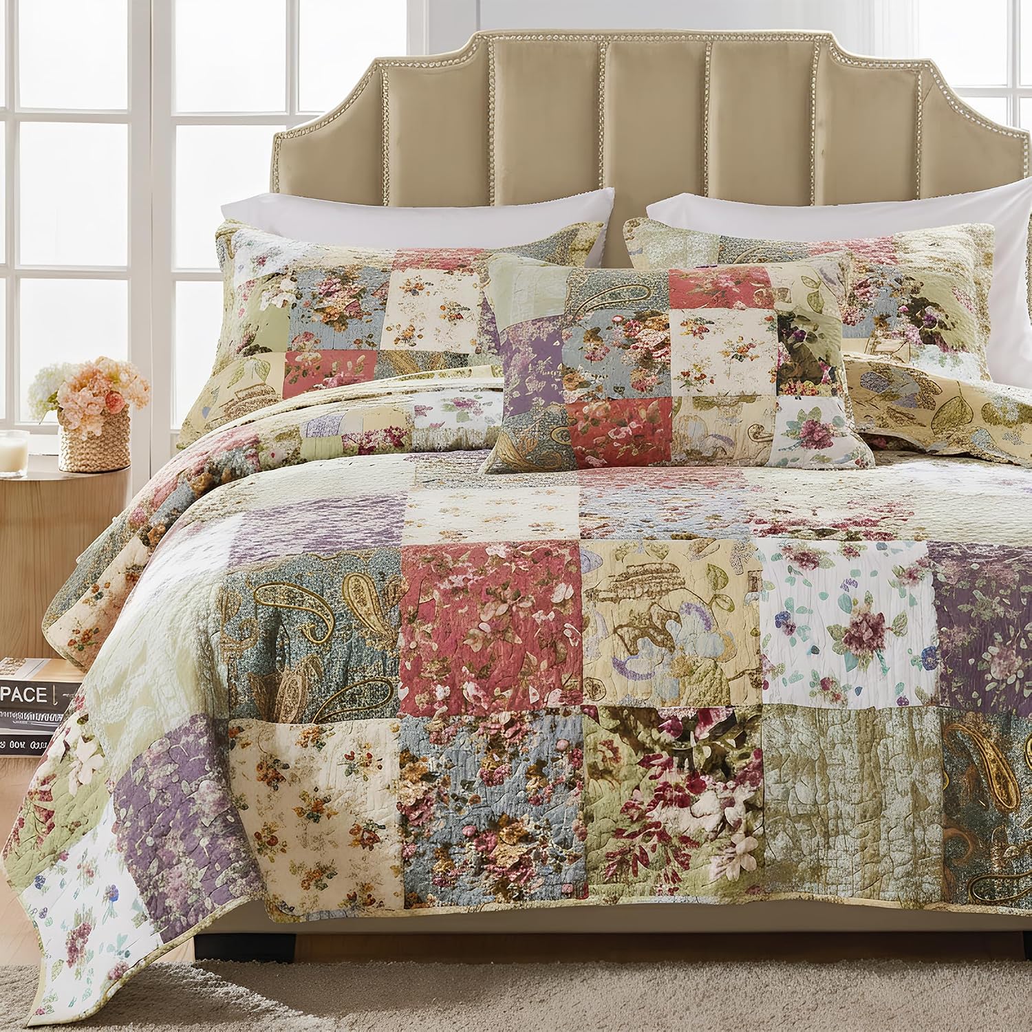 Greenland Home Blooming Prairie 100% Cotton Authentic Patchwork Reversible Quilt Set, 4-Piece Full/Queen