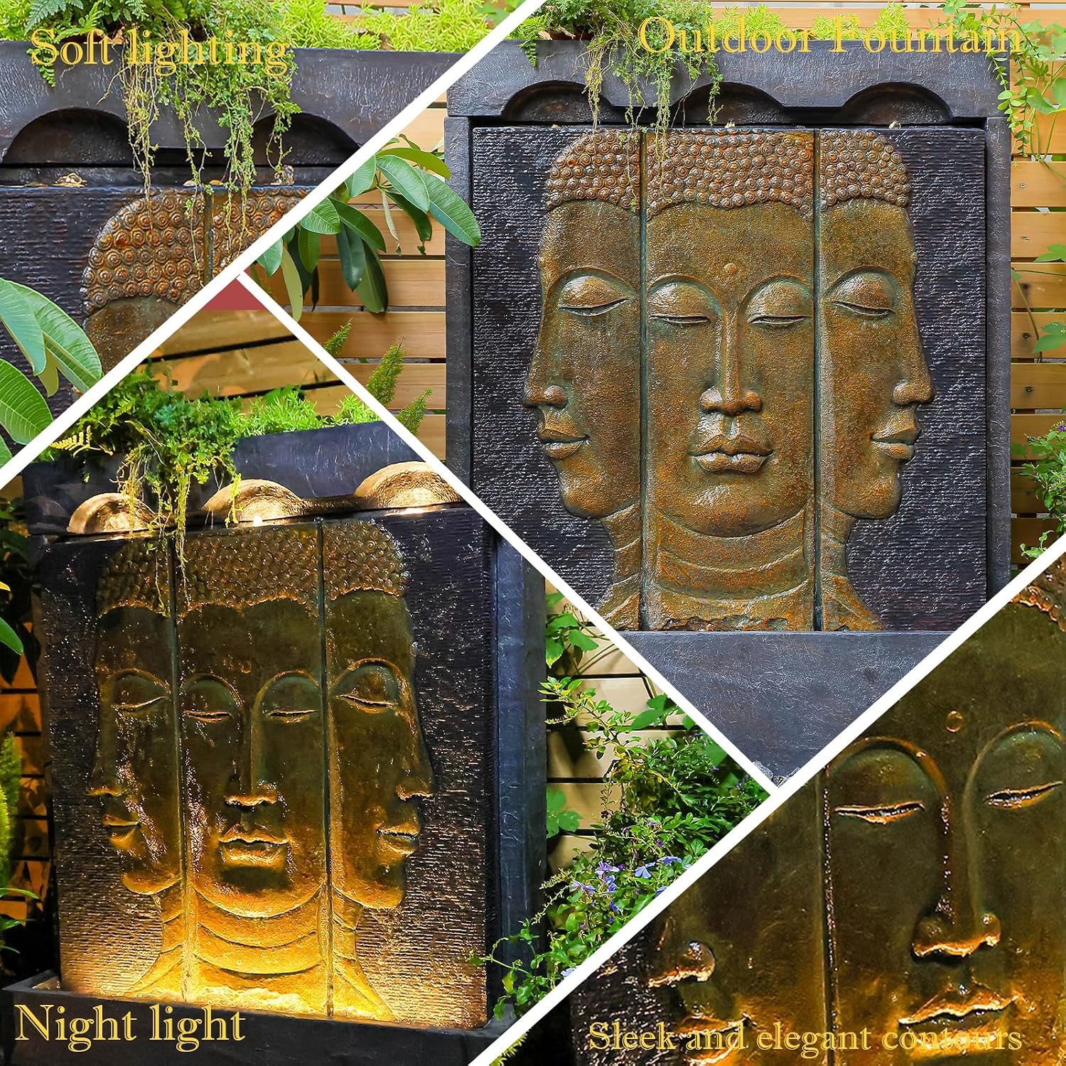 Tankana Zen Buddha Outdoor Fountain - Large Indoor Water Fountains Waterfall with Planting Groove Wall Water Feature for Garden Patio Backyard Deck Lawn Home Decor, 45 inchesTall, Gold