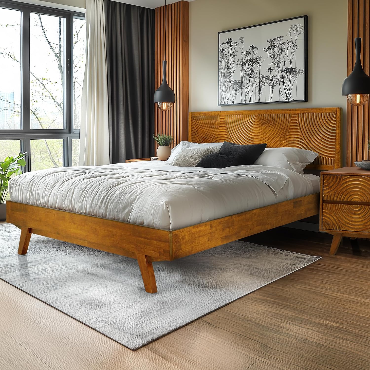 Acacia Harmony Queen Platform Bed Frame – Solid Rubber Wood, Caramel Finish, Mid-Century Modern Style, Distinctive Circular Grain, 800lbs Capacity, No Box Spring Needed, Easy Assembly