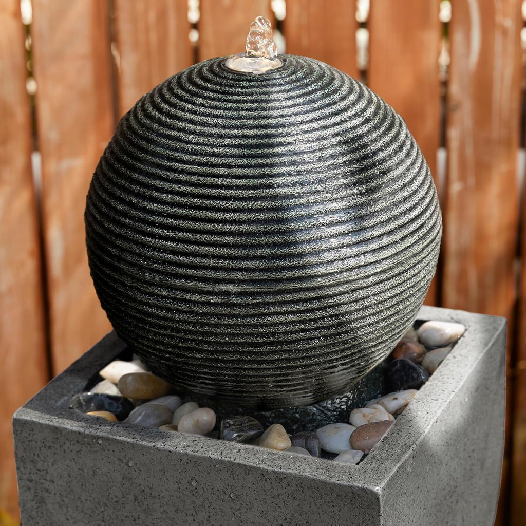 Glitzhome Modern Geometric Outdoor Water Fountain with LED Light, Oversized Pedestal Water Fountains with Submersible Pump, Sphere Floor Standing Fountain with Pebbles for Garden Patio Decor, 40.5'H