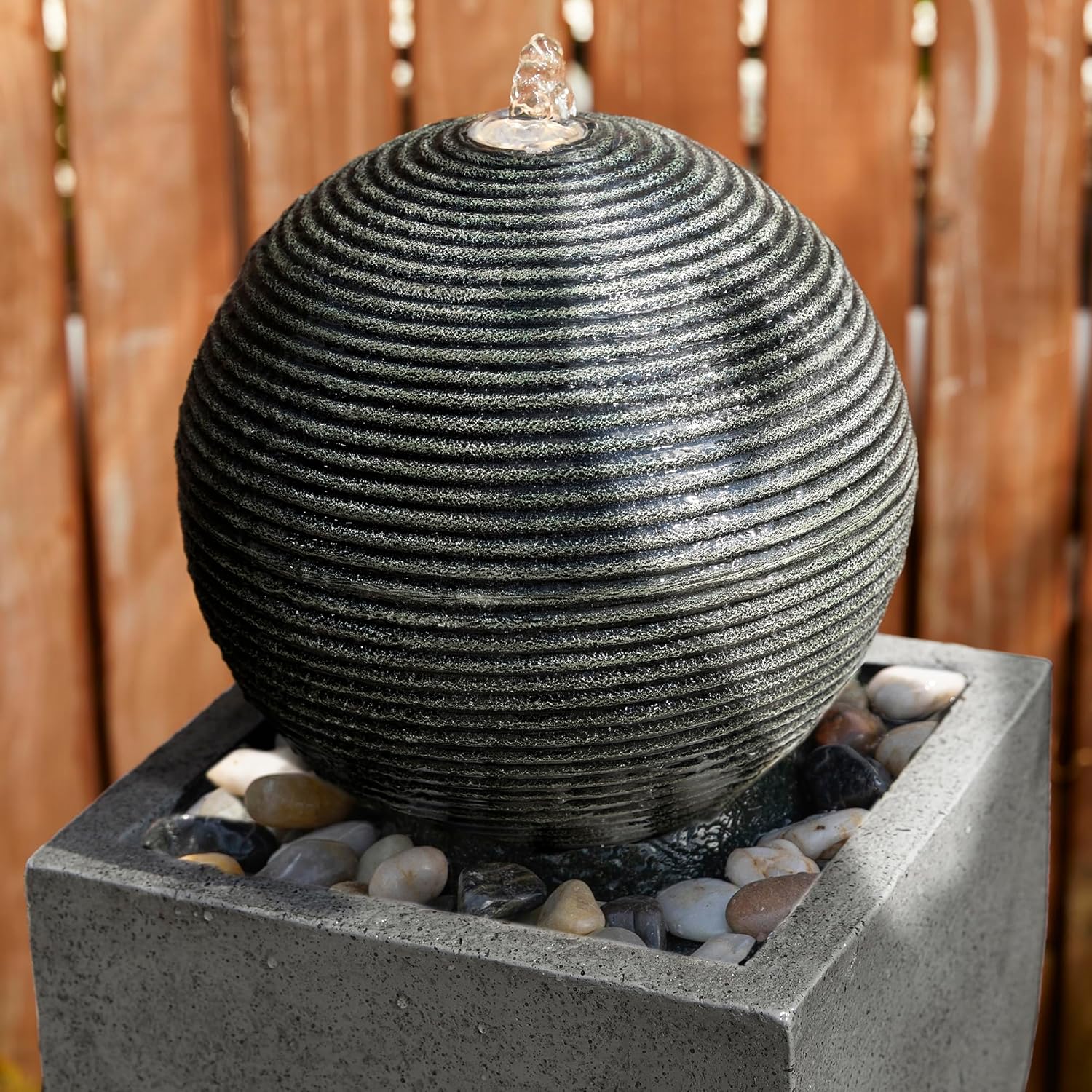 Glitzhome Modern Geometric Outdoor Water Fountain with LED Light, Oversized Pedestal Water Fountains with Submersible Pump, Sphere Floor Standing Fountain with Pebbles for Garden Patio Decor, 40.5'H