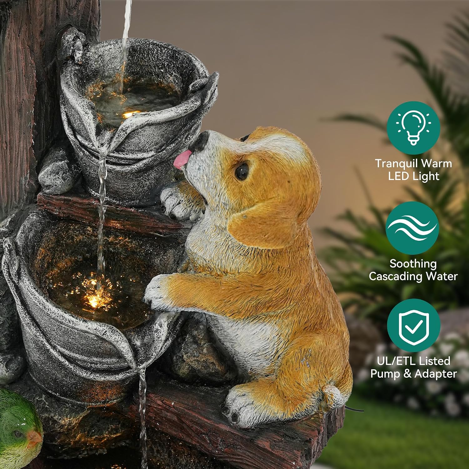 24.5' Puppy & Green Bird Outdoor Fountain, 3-Tier Pastoral Water Feature with LED Lights, Resin Buckets & Wooden Barrel Soothing Cascading Waterfall for Patio, Backyard, Garden
