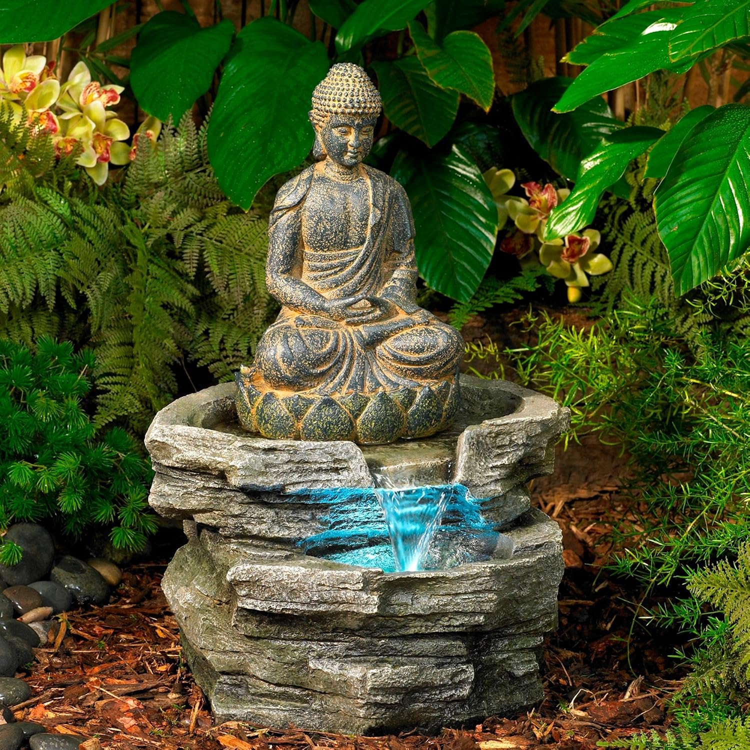 Sitting Buddha 21' High Large Zen Asian Indoor Outdoor Decor Faux Stone Floor Fountain with Light LED Standing Waterfall Water Feature for Outside Garden Patio Yard Backyard Porch - John Timberland