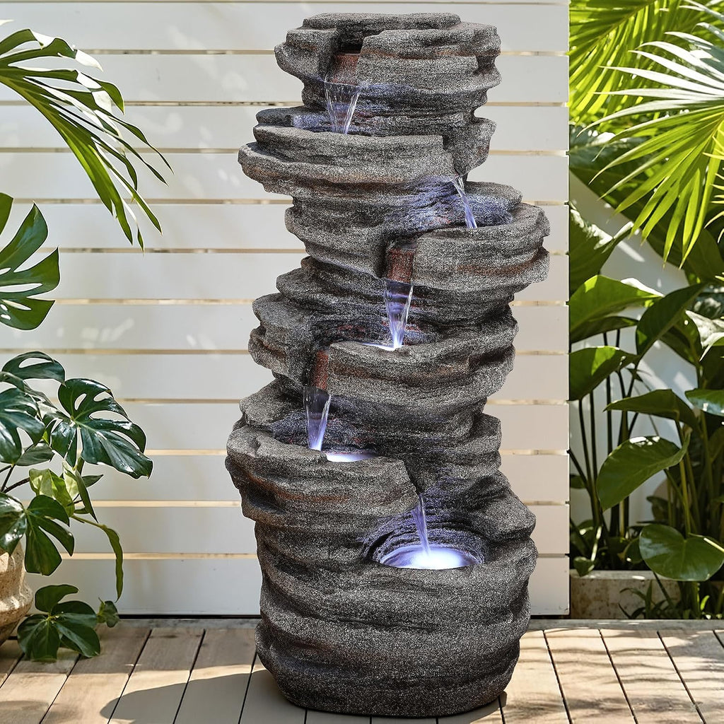 Extra-Large 6-Tier Outdoor Water Fountain with LED Lights, Cascading Rock Waterfall for Garden Patio Porch, Weather-Resistant Polyresin Water Feature for Tranquil Oasis