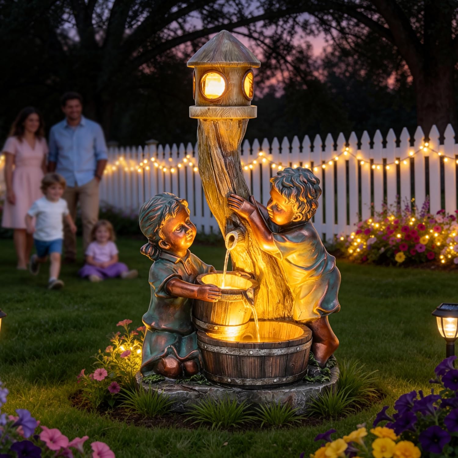 31' Boy & Girl Outdoor Water Fountain with LED Lights, Pagoda and Wood Barrel Garden Fountain, 3-Tier Cascading Waterfall for Tranquil Backyard, Patio or Porch, Faux Bronze Finish