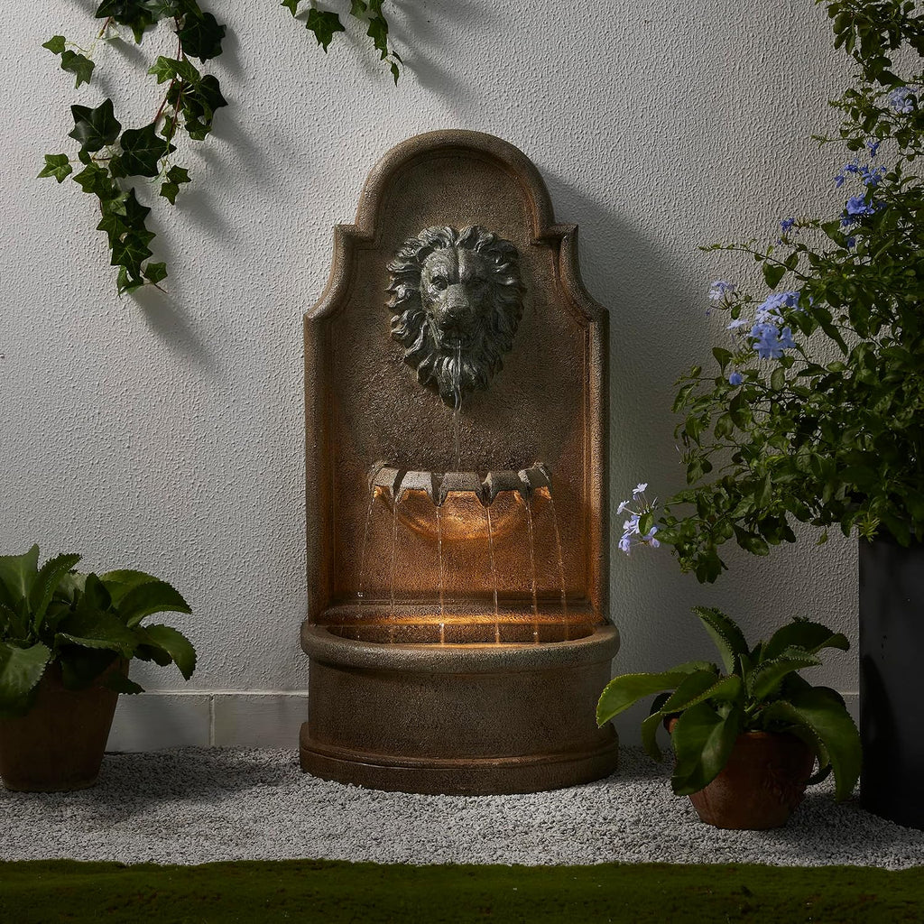 Glitzhome 3-Tier Outdoor Water Fountain with LED Light, Oversized Vintage European Style Lion Head Waterfall Fountains, Rustic Faux Granite Fountain for Garden Patio Deck Porch, 31.75'H