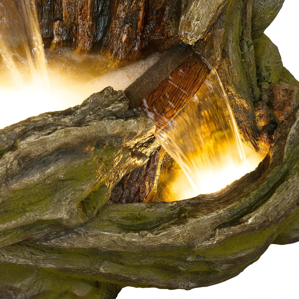 Alpine Corporation WIN1642 61' 3-Tier Log Water Fountain with Warm White LED Lights, Cascading Waterfall for Garden, Patio, & Lawn, Outdoor Water Feature