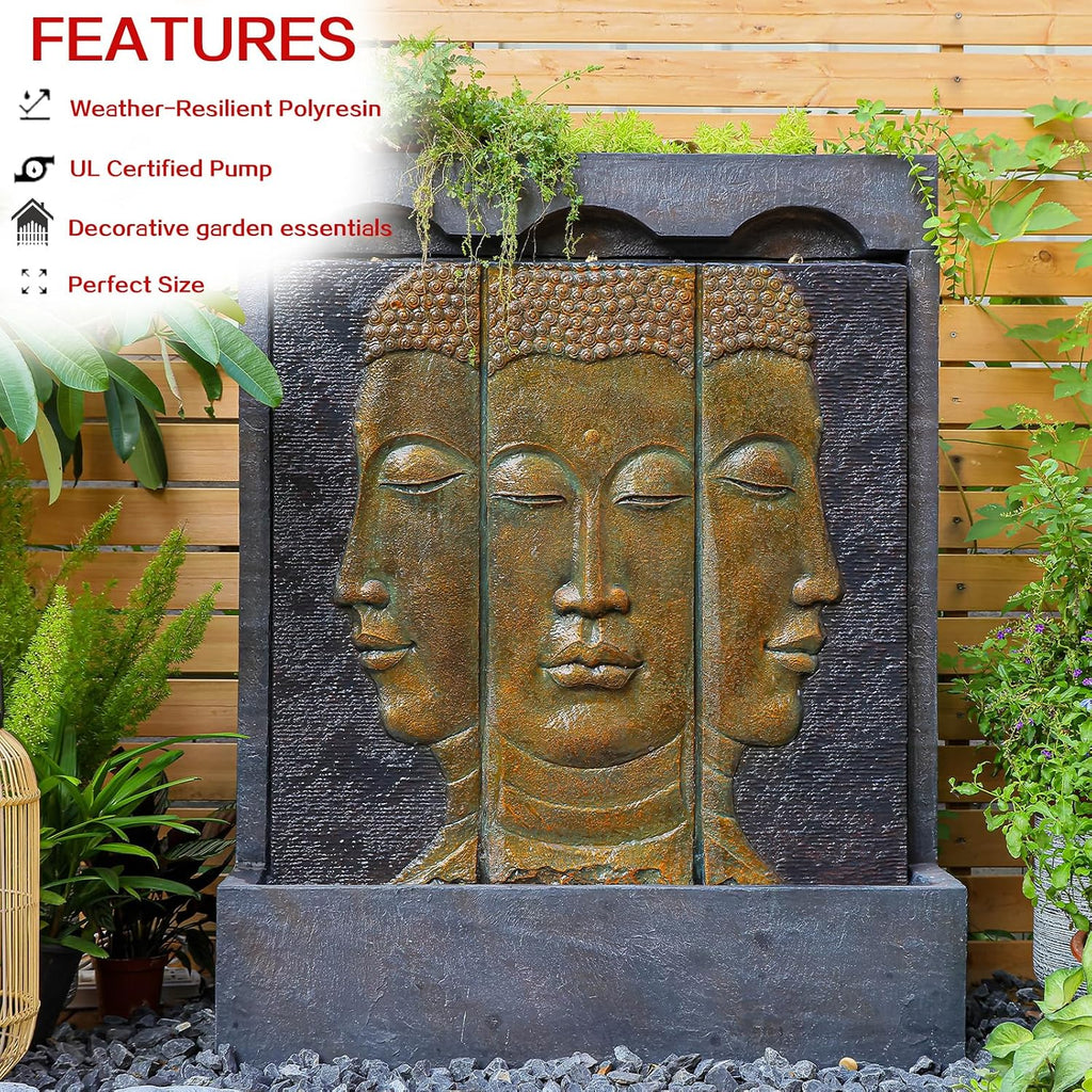 Tankana Zen Buddha Outdoor Fountain - Large Indoor Water Fountains Waterfall with Planting Groove Wall Water Feature for Garden Patio Backyard Deck Lawn Home Decor, 45 inchesTall, Gold