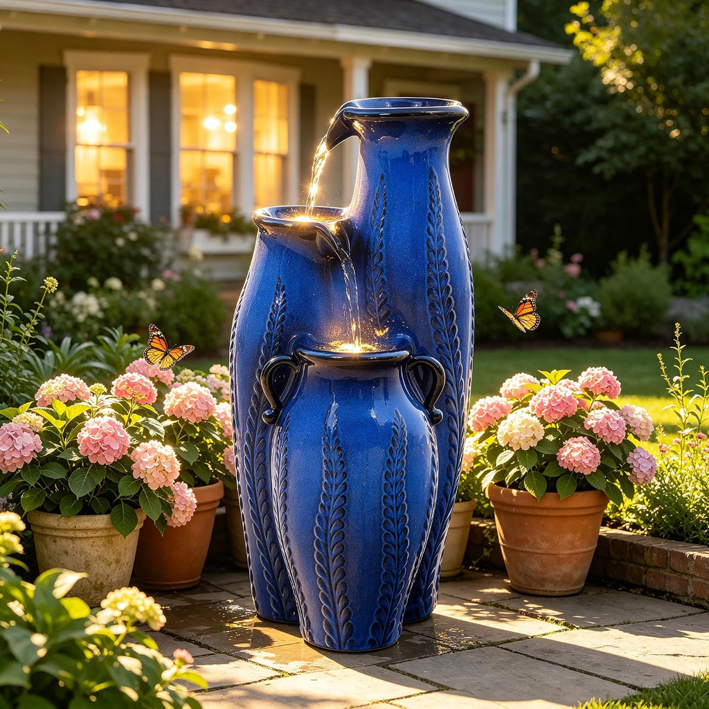 29.5' H Ceramic Outdoor Water Fountain with LED Lights, 3-Tier Vase Cascading Water Feature, Cobalt Blue with Embossed Leaf Patterns, Tranquil Waterfall for Garden, Patio, Yard, or Porch