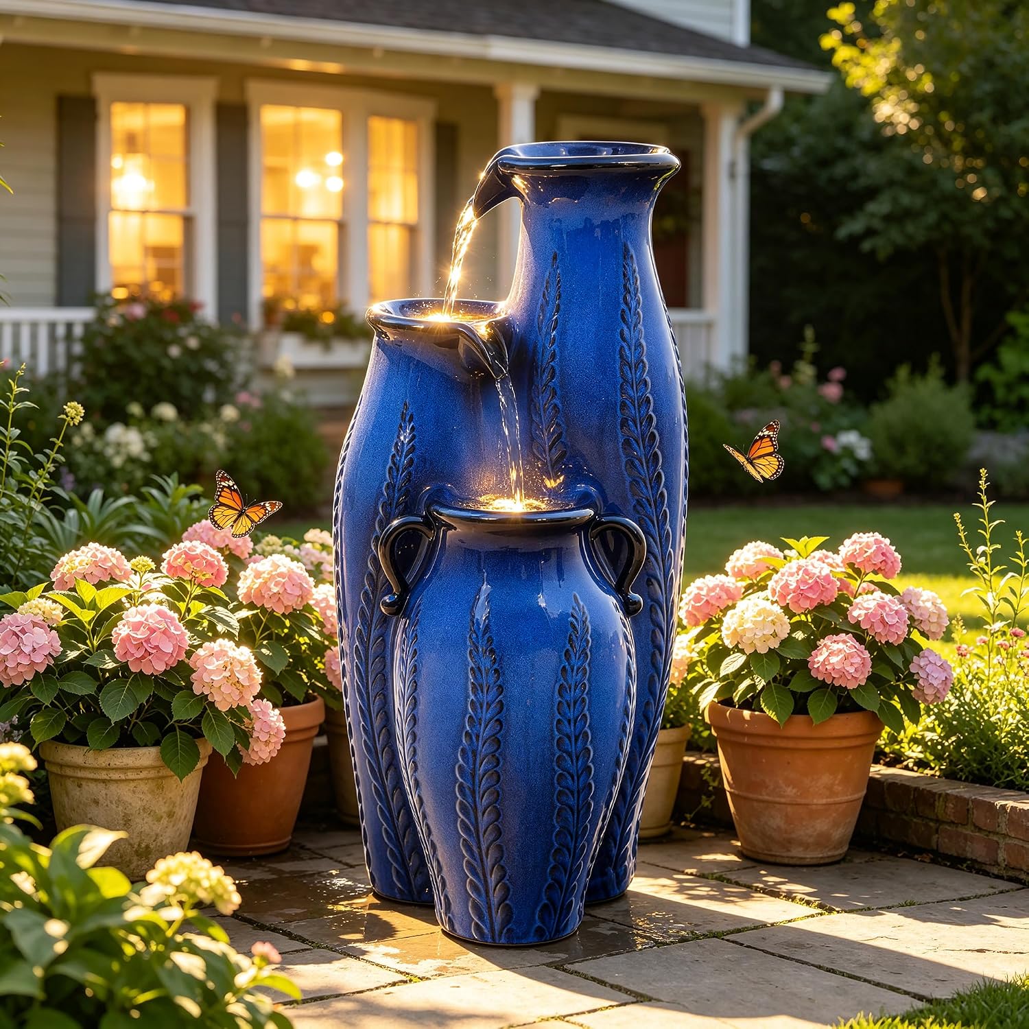 29.5' H Ceramic Outdoor Water Fountain with LED Lights, 3-Tier Vase Cascading Water Feature, Cobalt Blue with Embossed Leaf Patterns, Tranquil Waterfall for Garden, Patio, Yard, or Porch