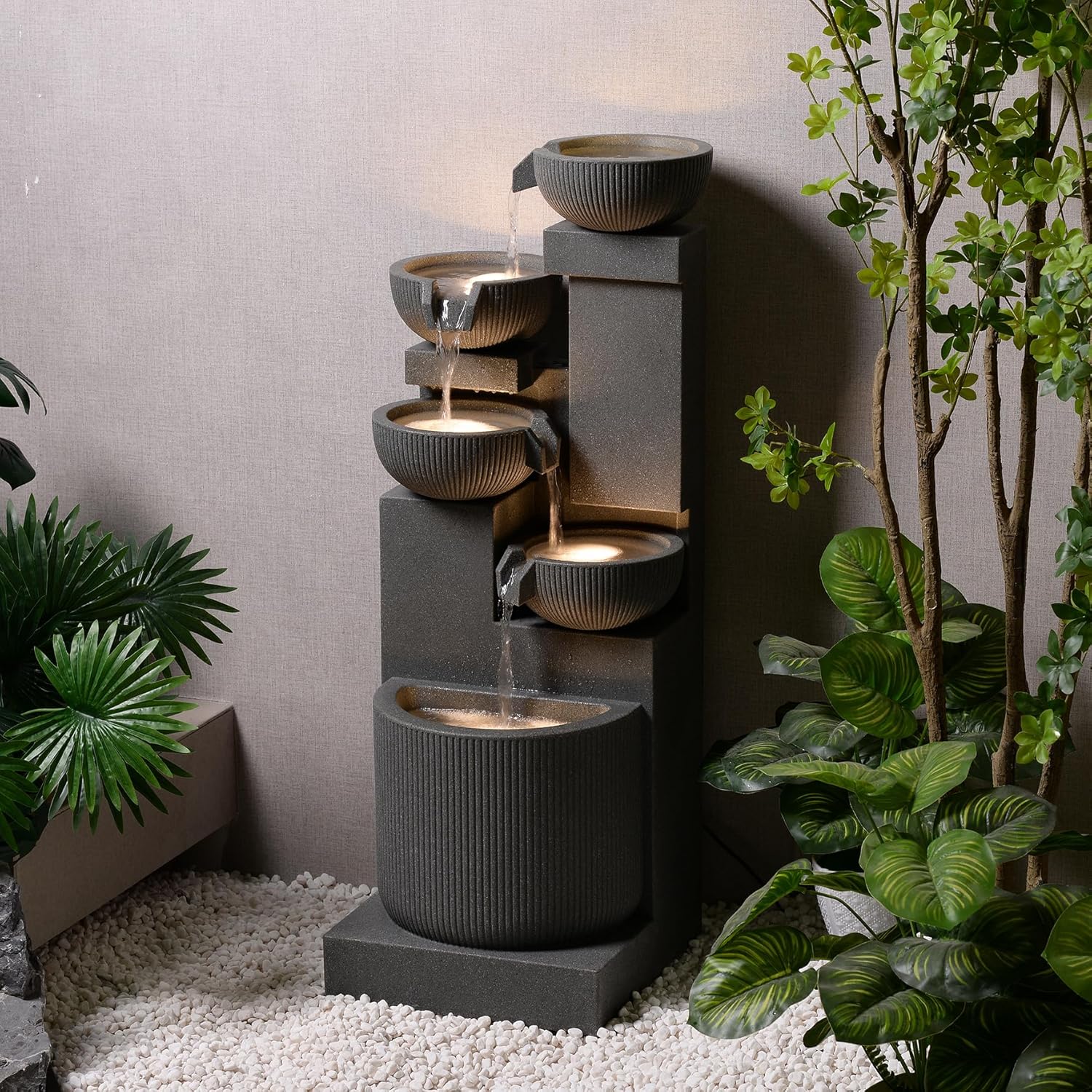 39.76' H 5-Tiers Cascading Bowls Outdoor Water Fountain Made with Eco-Friendly Recyclable Materials, Polyethylene Waterfall Fountain, Outdoor Decor with LED Lights for Patio, Backyard (39.76')
