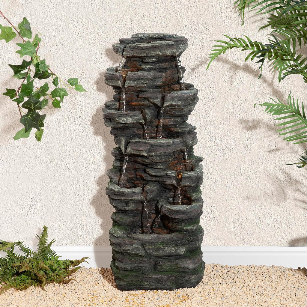Glitzhome Outdoor Water Fountain, 9-Tiered Rock Floor Fountain with Cascading Water, 39.25' H Polyresin Waterfall Fountain with Pump and LED Light Outdoor Water Feature for Garden Yard Patio Porch
