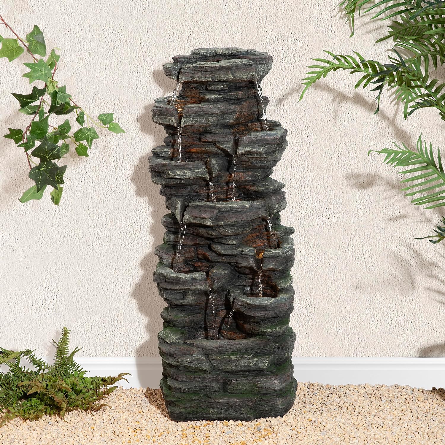 Glitzhome Outdoor Water Fountain, 9-Tiered Rock Floor Fountain with Cascading Water, 39.25' H Polyresin Waterfall Fountain with Pump and LED Light Outdoor Water Feature for Garden Yard Patio Porch