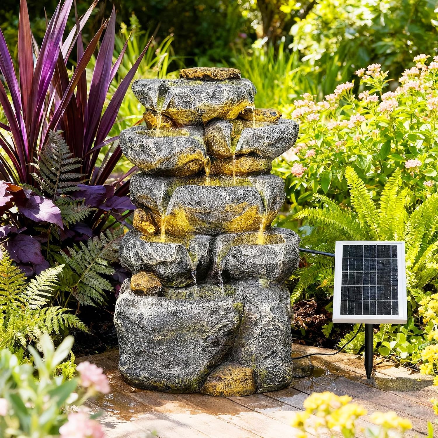 Solar Water Fountain Outdoor Garden, 24' H Cascading Stone Design 5 Tier Rock Feature Outdoor Fountains Waterfalls with Light, Pump Solar Panel for Patio, Deck, Porch, Backyard Home Décor