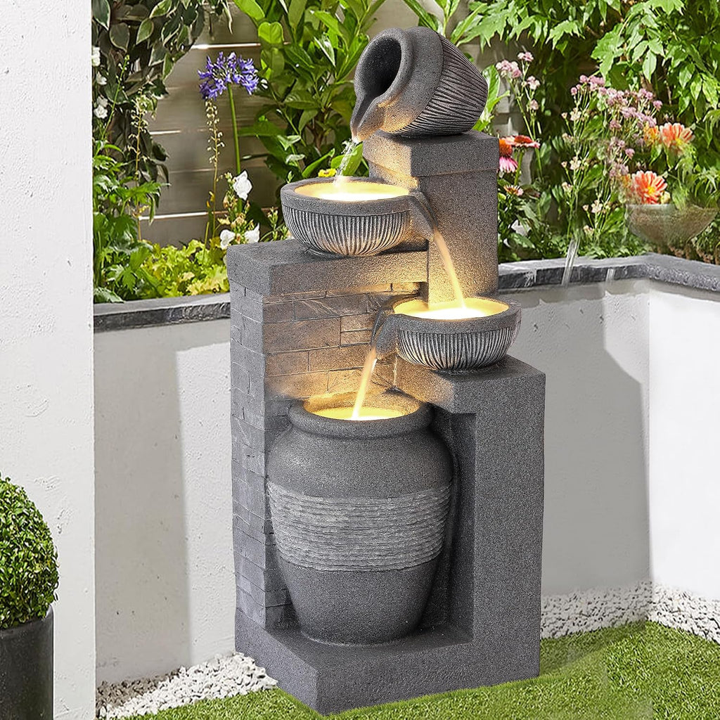 32' Outdoor/Indoor Garden Water Fountains, 4 Tiers Cascading Resin Fountains and Waterfalls with LEDs & Bowls, Modern Floor-Standing Patio Fountain for Porch, Deck, Yard (Grey)