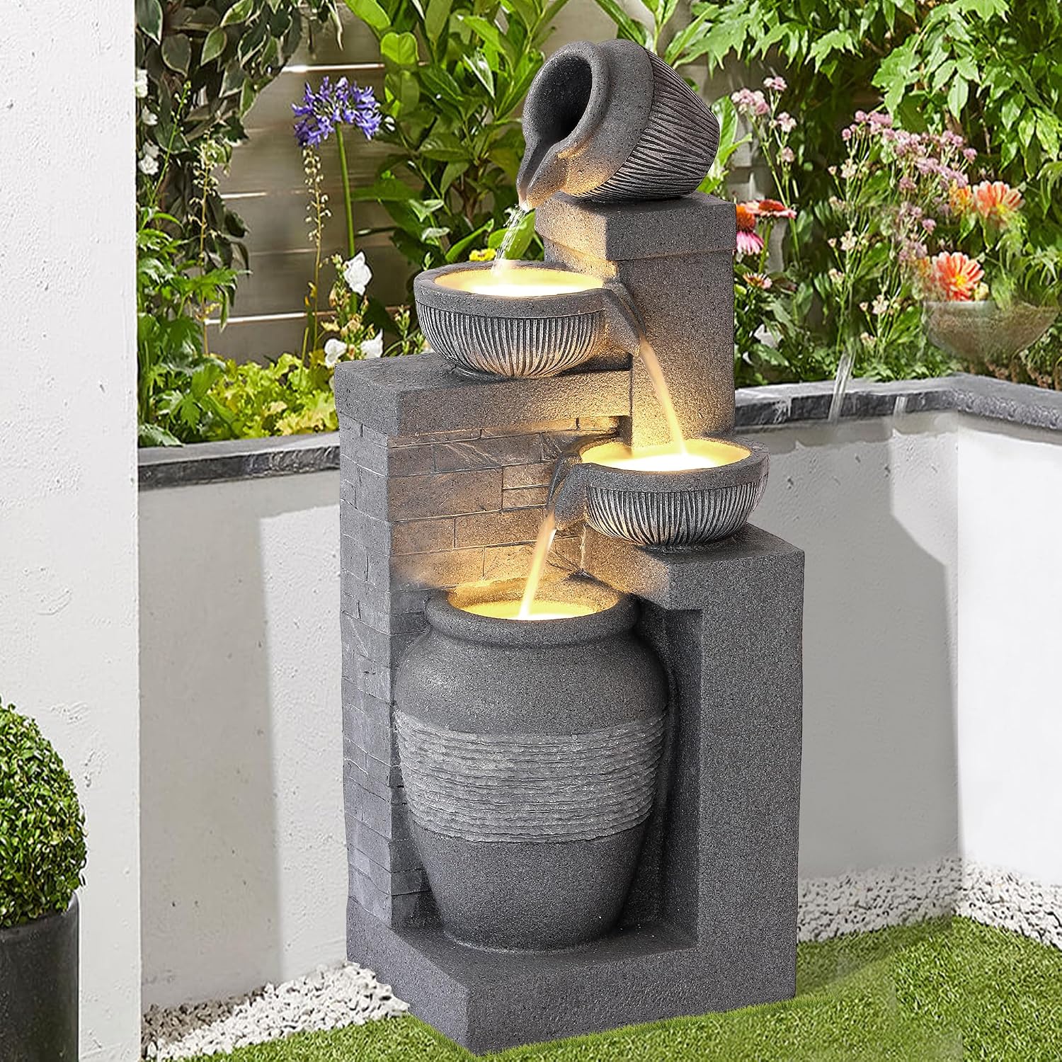 32' Outdoor/Indoor Garden Water Fountains, 4 Tiers Cascading Resin Fountains and Waterfalls with LEDs & Bowls, Modern Floor-Standing Patio Fountain for Porch, Deck, Yard (Grey)