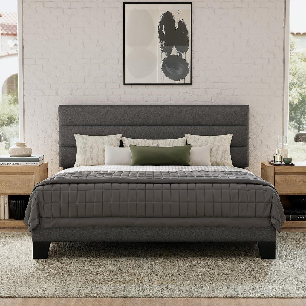 GOLDORO Full Size Bed Frame with Headboard, Upholstered Platform Bed, Wooden Slats Support, No Box Spring Needed, Easy Assembly, Dark Grey