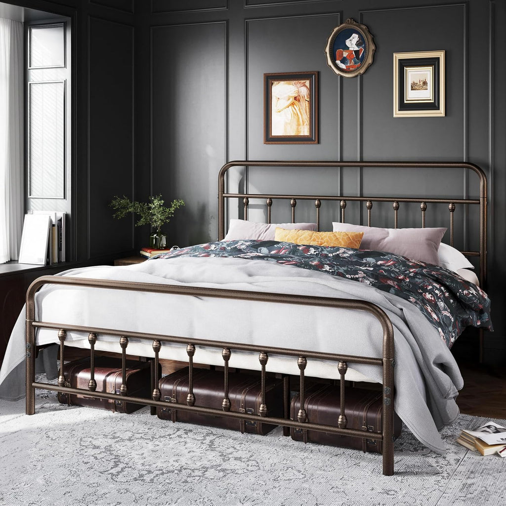 Topeakmart King Size Victorian Style Metal Bed Frame with Headboard/Mattress Foundation/No Box Spring Needed/Under Bed Storage/Strong Slat Support Bronze