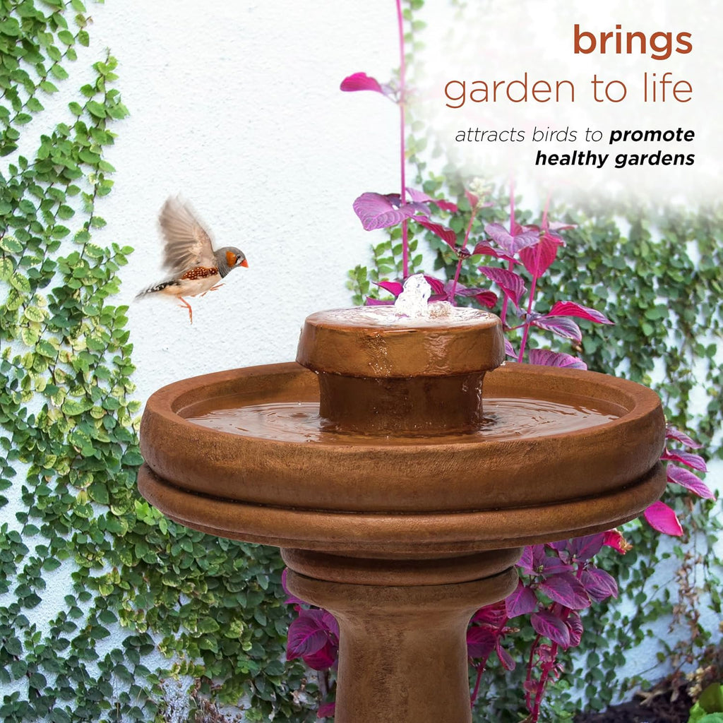 Alpine Corporation TZL202 Outdoor Floor Vintage Pedestal Water Fountain with Bird Bath and LED Lights, 29', Brown
