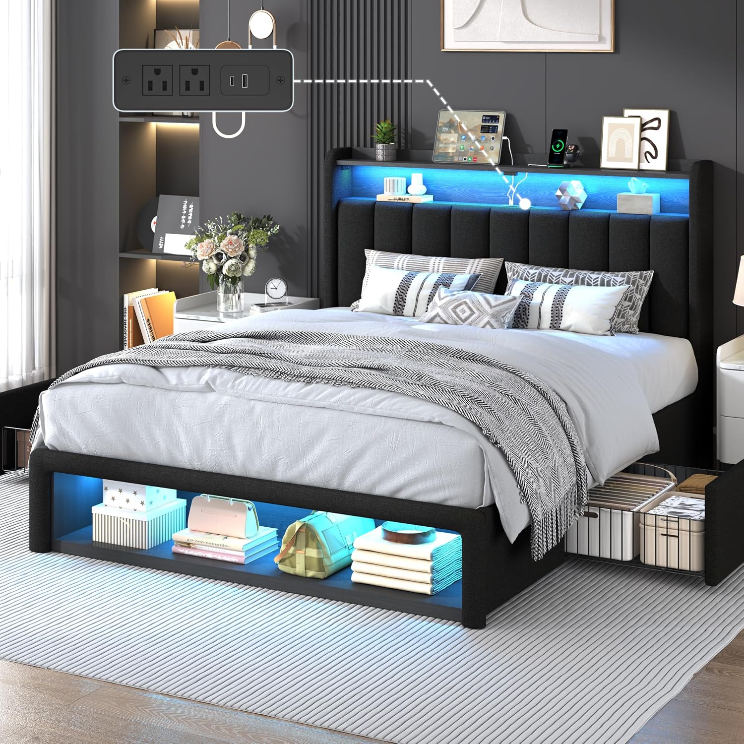 ChicZhiNest Queen Size Platform Bed Frame with Charging Station, LED Storage Headboard with 2-Tier Shelves and Drawers on Wheels, Strong Wooden Slats & Large Footboard Cubbies, Noise Free, Black