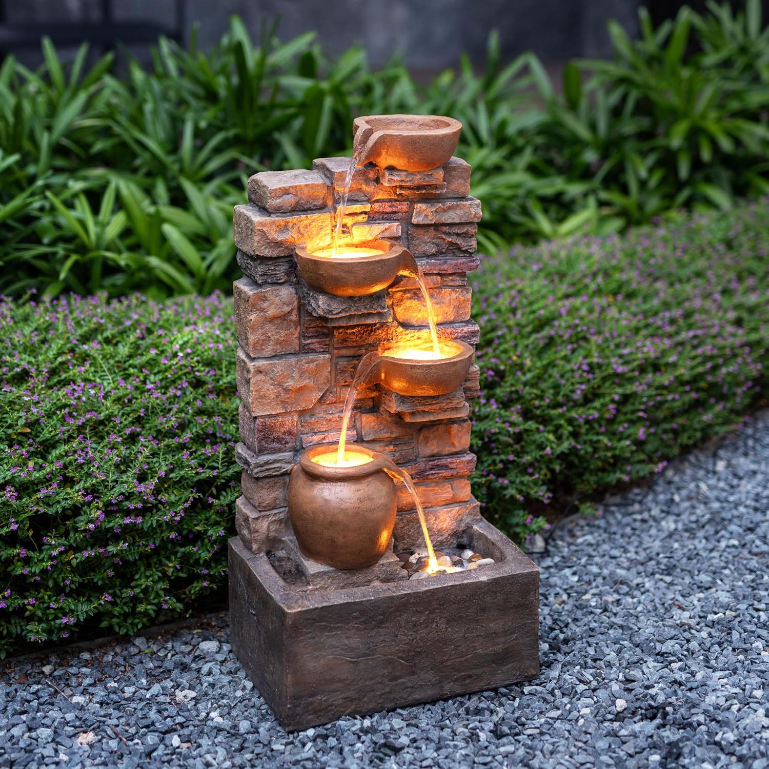 Teamson Home 28.5' Outdoor 4-Tier Stacked Stone Cascading Water Fountain with LED Lights, Brown
