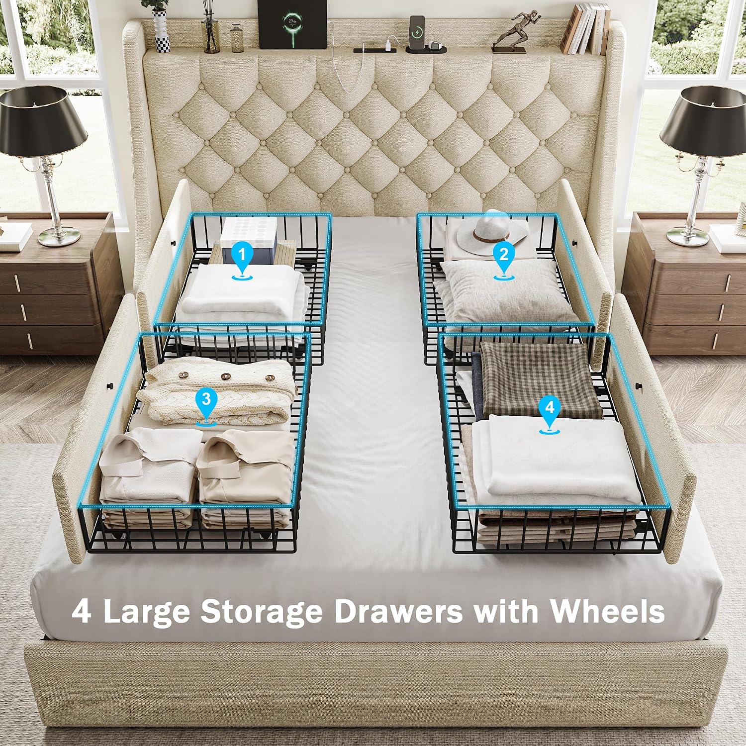 GalnFu Queen Bed Frame with 4 Storage Drawers, Huge Upholstered Wingback Headboard, Fast Charging Station, No Box Spring Needed, Noise-Free, Beige