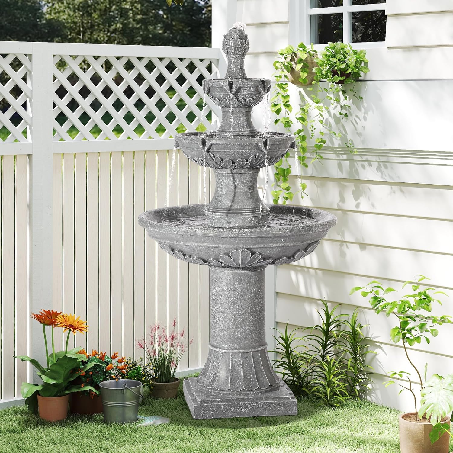 Italian Outdoor Water Fountains Garden Decor - 48.4''H Fountains and Waterfalls Outside, Large Cascading Indoor Floor-Standing Resin Bubbler Fountain Features W/Pump for Patio, Yard (Gray)