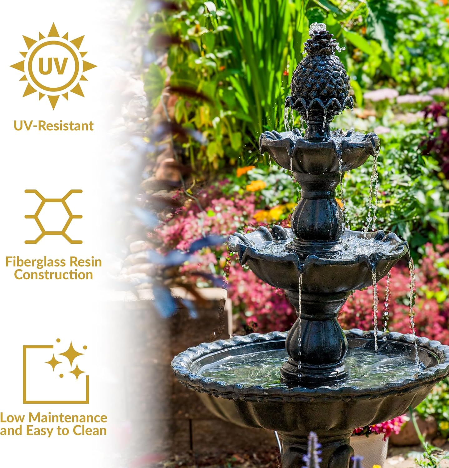 Sunnydaze 57' H Welcome 3-Tier Water Fountain - Large Electric Water Fountain with Pineapple Topper for Garden, Patio or Yard - Deep Espresso