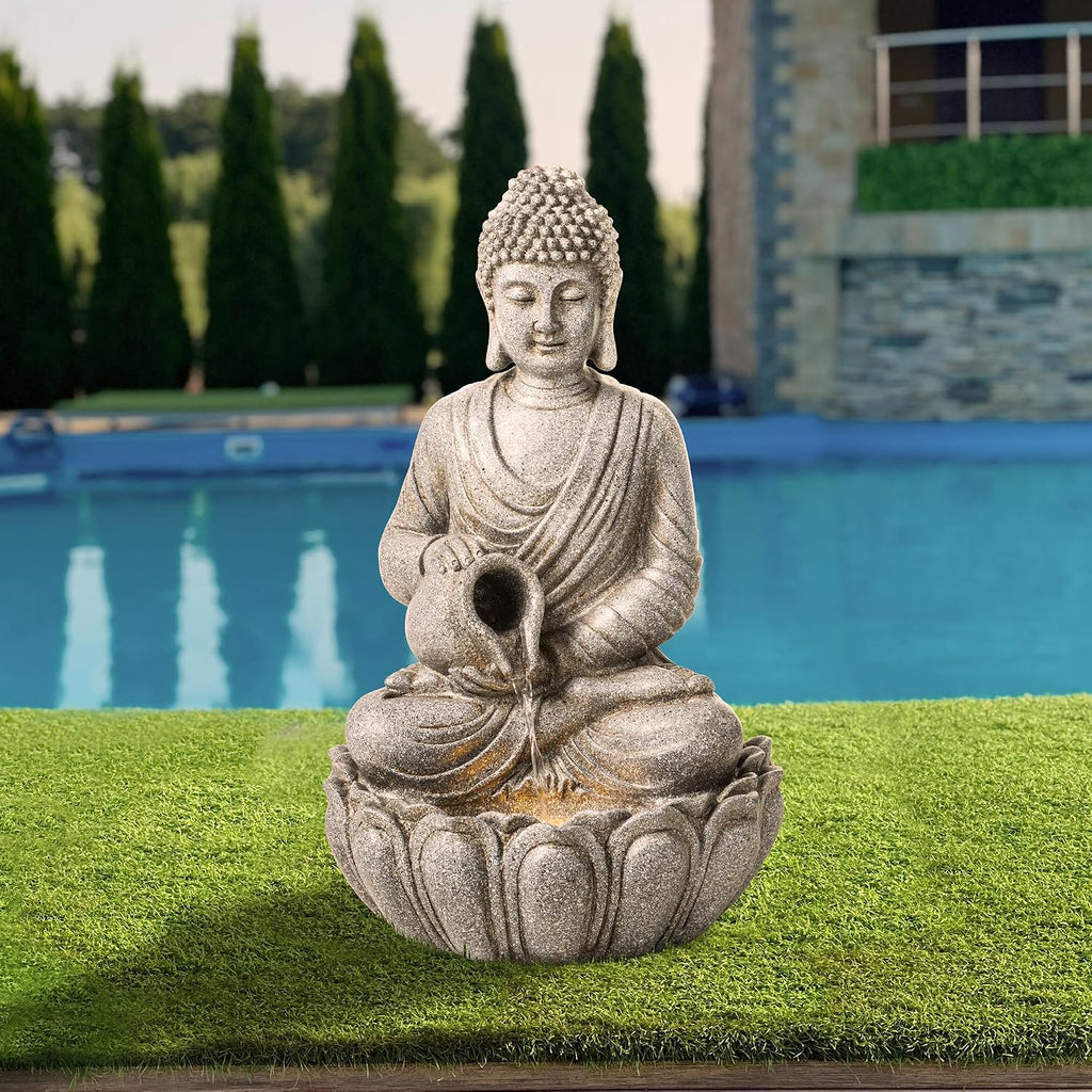 Glitzhome Buddha Fountain Outdoor 20.5' H, 2-Tier Zen Style Concrete Meditating Buddha Statues Water Fountains with Pump & LED Light, Buddhas Floor Fountains Sculpture for Garden Patio Backyard