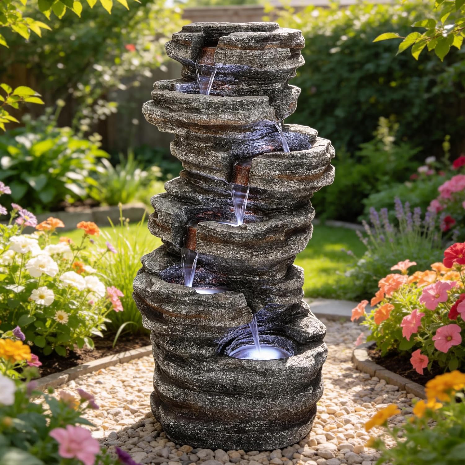 6-Tier Rock Outdoor Water Fountain, 40in Tall Oversized Fountains for Outside, Relaxing Cascading Waterfall for Tranquil Outdoor Garden Patio Garden Backyard Oasis