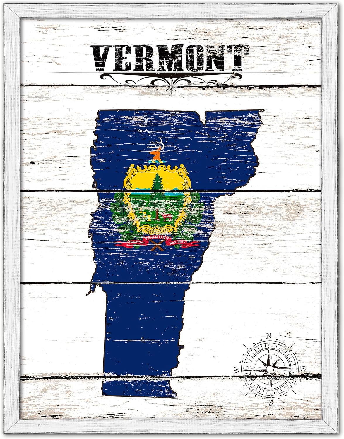 Vermont State Map Flag Cottage Shabby Chic Gifts Home Decor Wall Art Canvas Print, White Wash Wood Frame, 28' x 37'