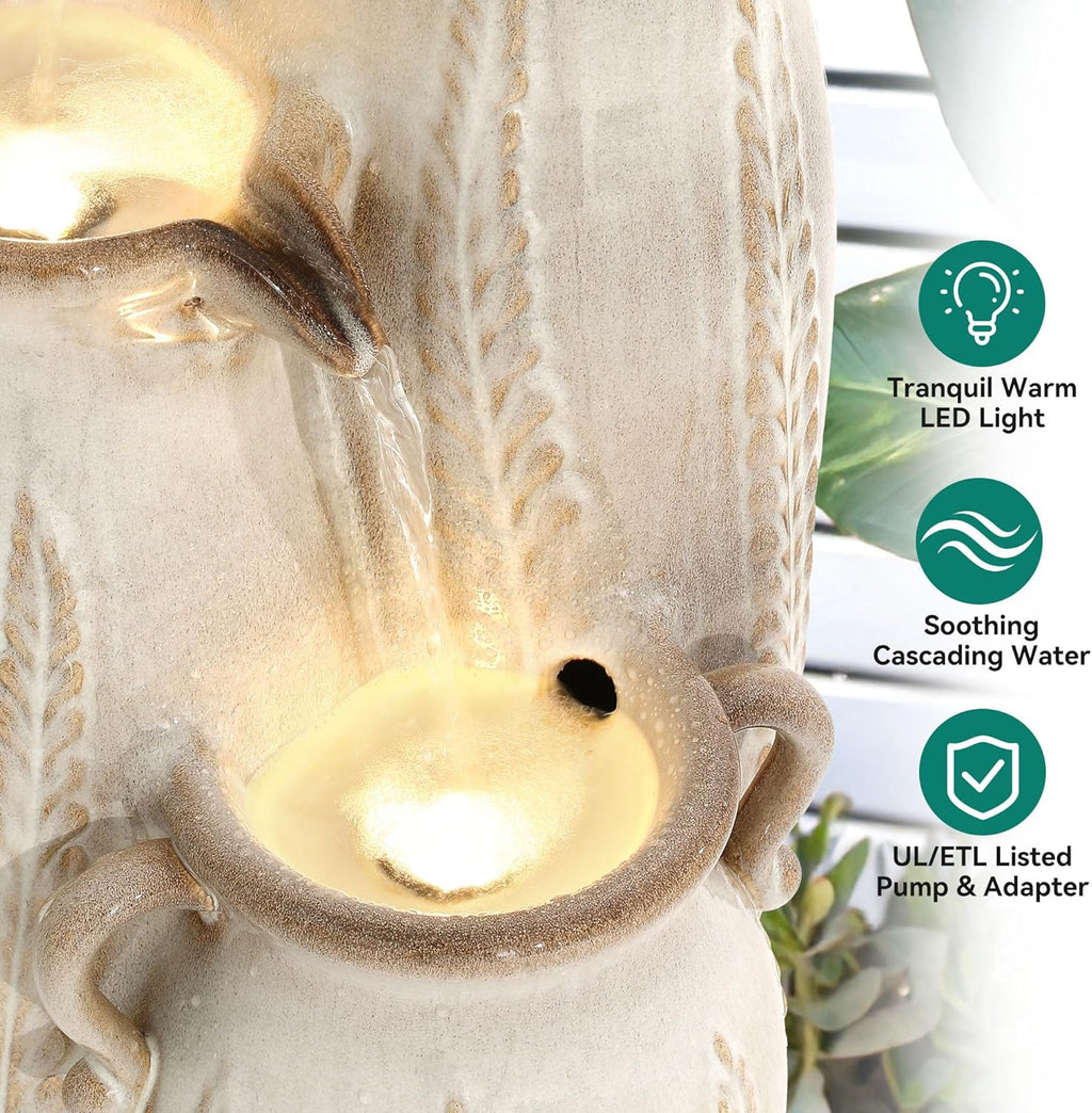 29.5' H Ceramic Outdoor Water Fountain with LED Lights, 3-Tier Vase Cascading Water Feature, Beige Glaze with Embossed Leaf Patterns, Tranquil Waterfall for Garden, Patio, Yard, or Porch