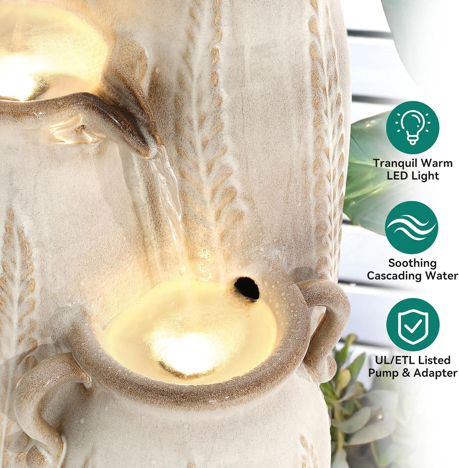 29.5' H Ceramic Outdoor Water Fountain with LED Lights, 3-Tier Vase Cascading Water Feature, Beige Glaze with Embossed Leaf Patterns, Tranquil Waterfall for Garden, Patio, Yard, or Porch