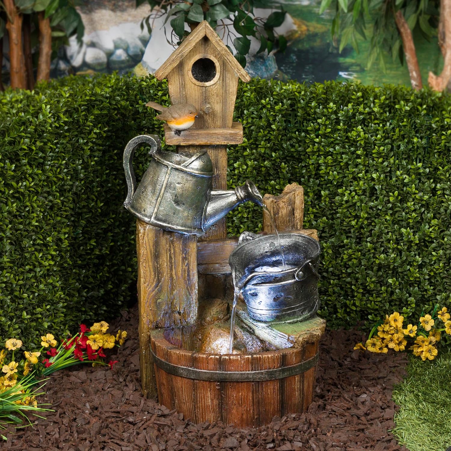 Alpine Corporation TZL280 Watering Can Barrel Birdhouse Fountain w/White LED Lights, Stylish Décor for Garden & Patio, 32' H