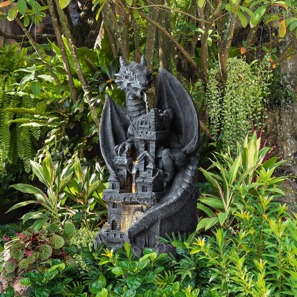 Glitzhome 37'H 4 Tiers Resin Waterfalls Water Fountain, Mystical Gothic Dragon Perched Atop The Castle Sculptural with Pump & LED Light Indoor Outdoor Floor Fountain for Garden Patio Backyard Decking