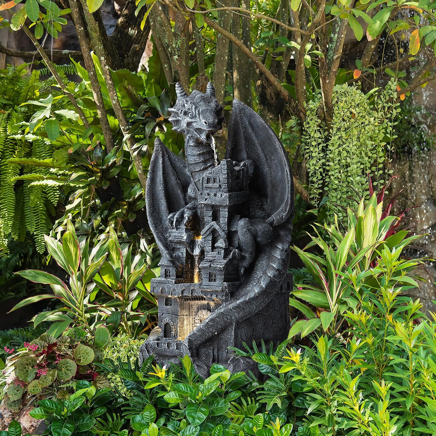 Glitzhome 37'H 4 Tiers Resin Waterfalls Water Fountain, Mystical Gothic Dragon Perched Atop The Castle Sculptural with Pump & LED Light Indoor Outdoor Floor Fountain for Garden Patio Backyard Decking