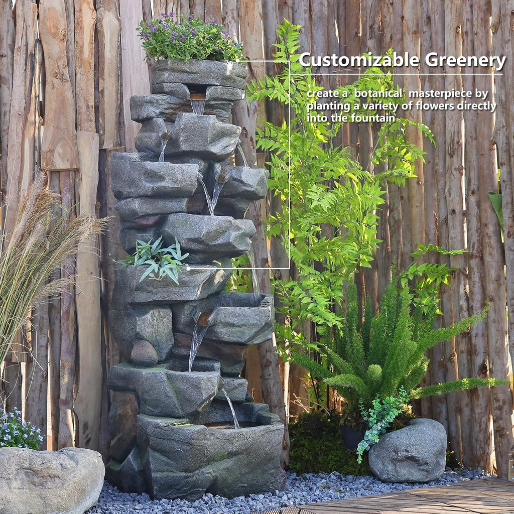 58Inch Outdoor Garden Water Fountain 6 Tiers Large Cascading Rock Natural Waterfall Outdoor Fountain with LED Lights for Patio Porch Backyard Home Art Decor