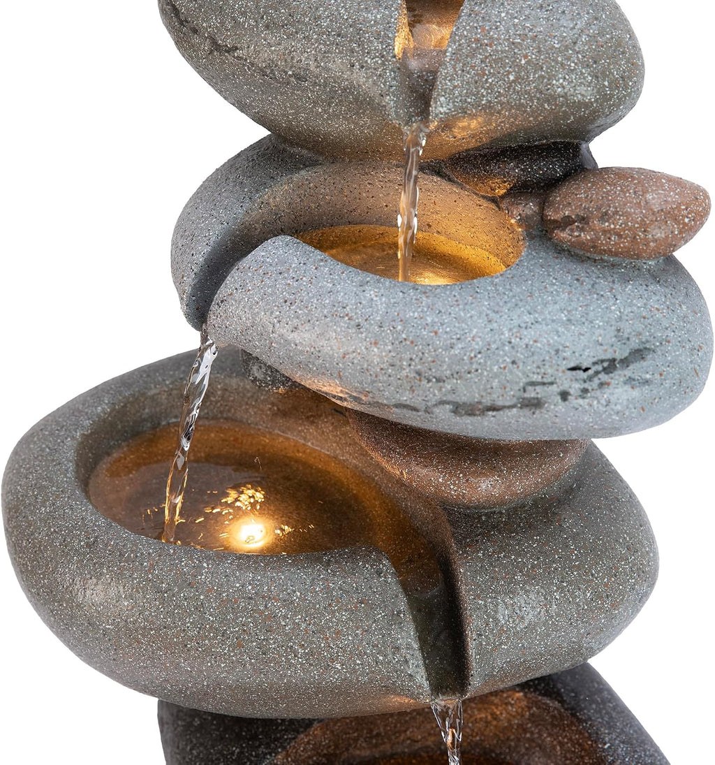 Glitzhome Water Fountain Outdoor, 5-Tiered Stacked Pebbles Outdoor Fountain with LED Lights and Pump, 24.5' H Zen Style Polyresin Waterfall Fountain Water Feature for Garden, Yard, Patio, Porch Decor
