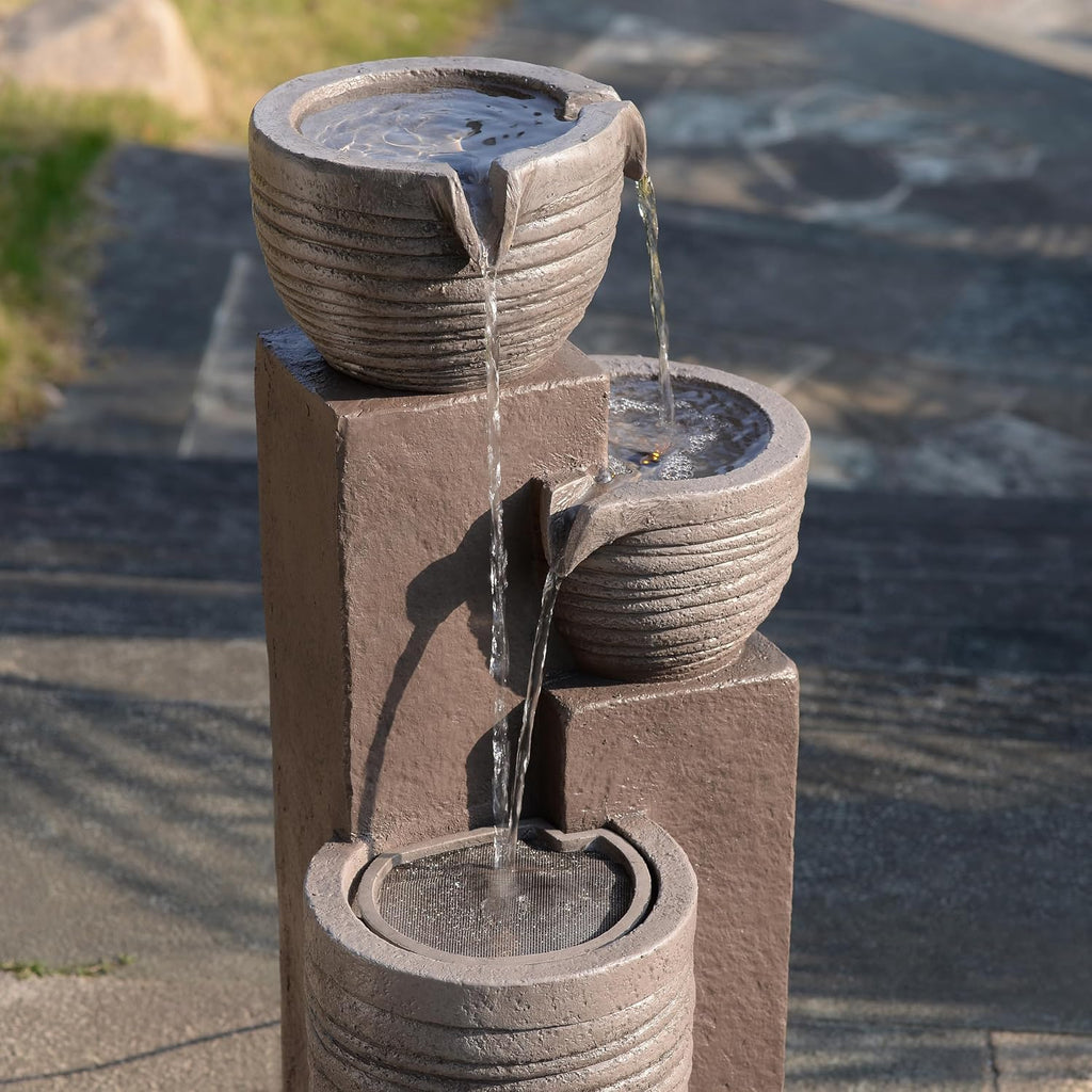 Teamson Home Horizontal Ribbed Pattern Outdoor Water Fountain–Warm Glow Lighting with Adjustable Flow & Electric Pump, Warm Gray