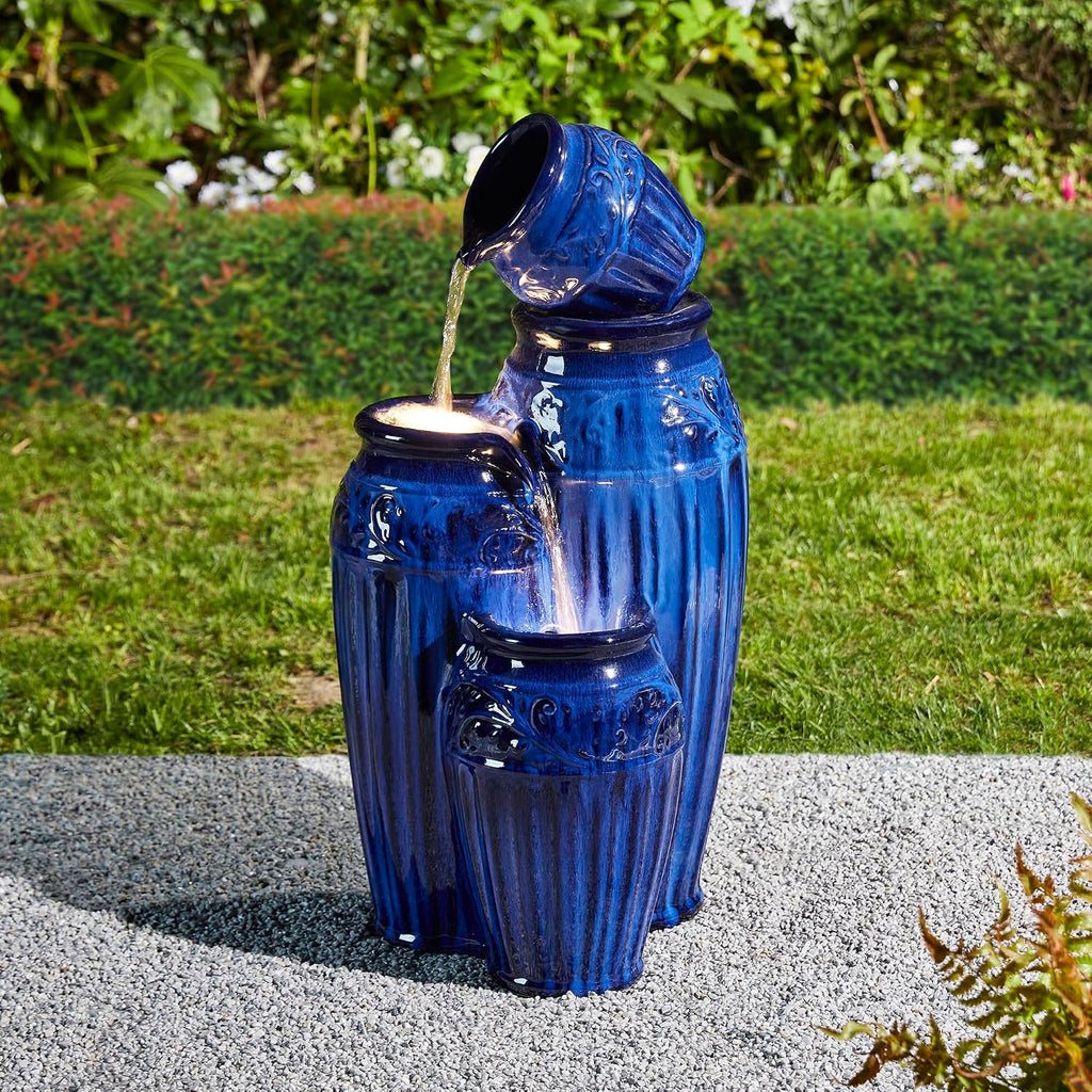 Glitzhome Water Fountain Outdoor with LED Lights, 4-Tier Ceramic Pots Outdoor Water Fountain, Embossed Pattern Cascading Water Feature for Garden Patio Backyard, Cobalt Blue, 27.25' H