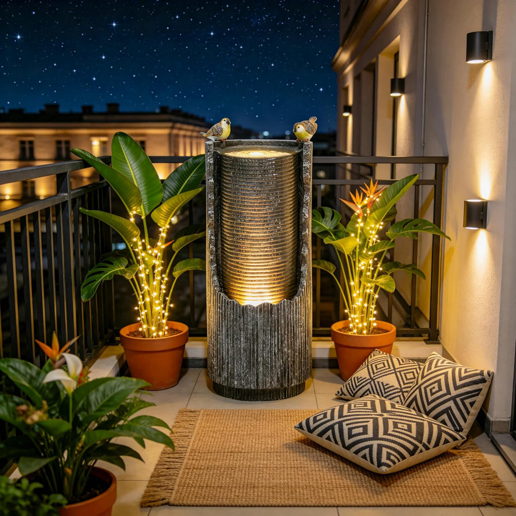32' Rustic Cracked Jar Water Fountain Outdoor with LED Lights, Polyresin Freestanding Waterfall Feature, Tranquil Oasis for Garden, Patio, Yard, or Porch