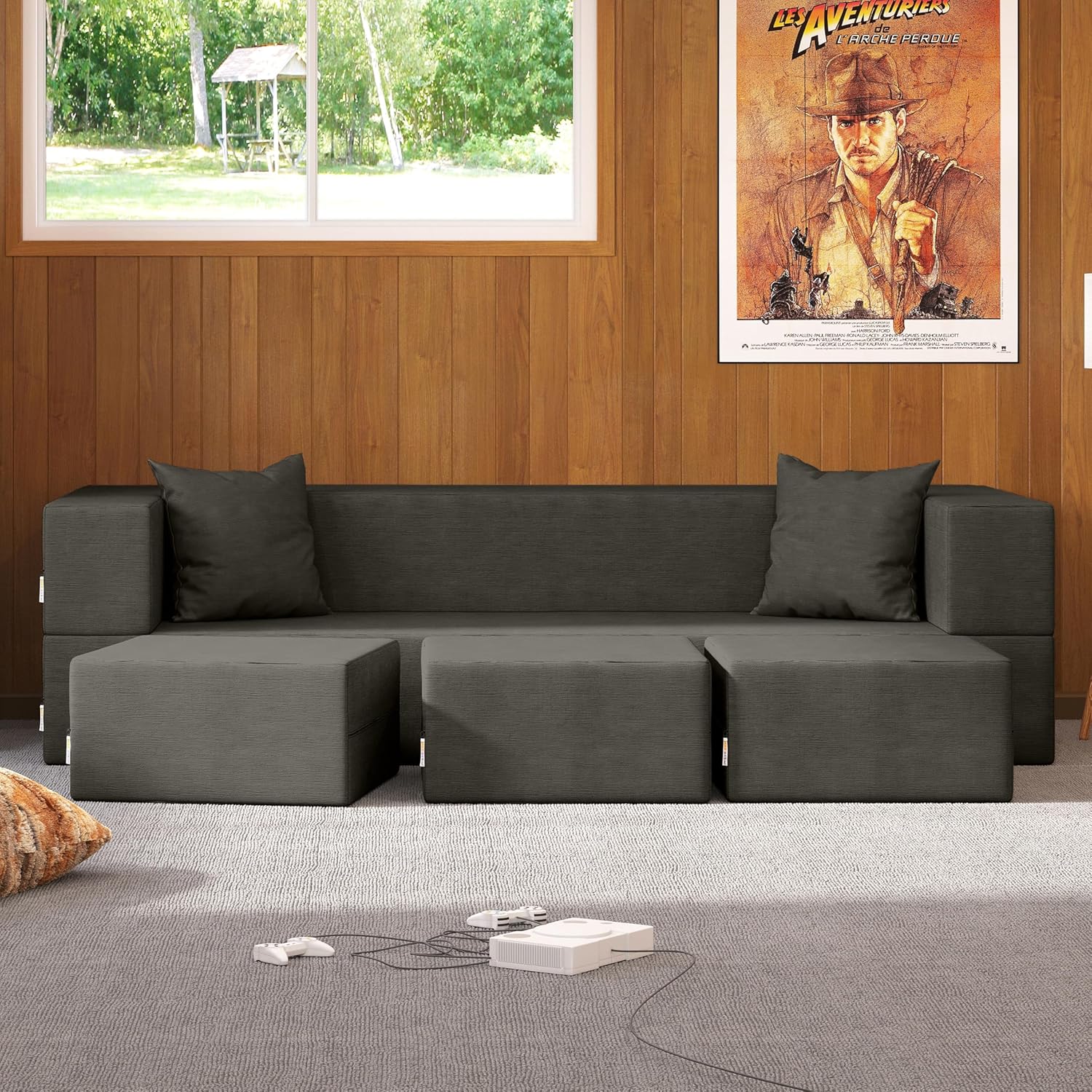 Jaxx Zipline Convertible Sleeper Sofa & Three Ottomans/California King-Size Bed, Textured Microvelvet - Charcoal