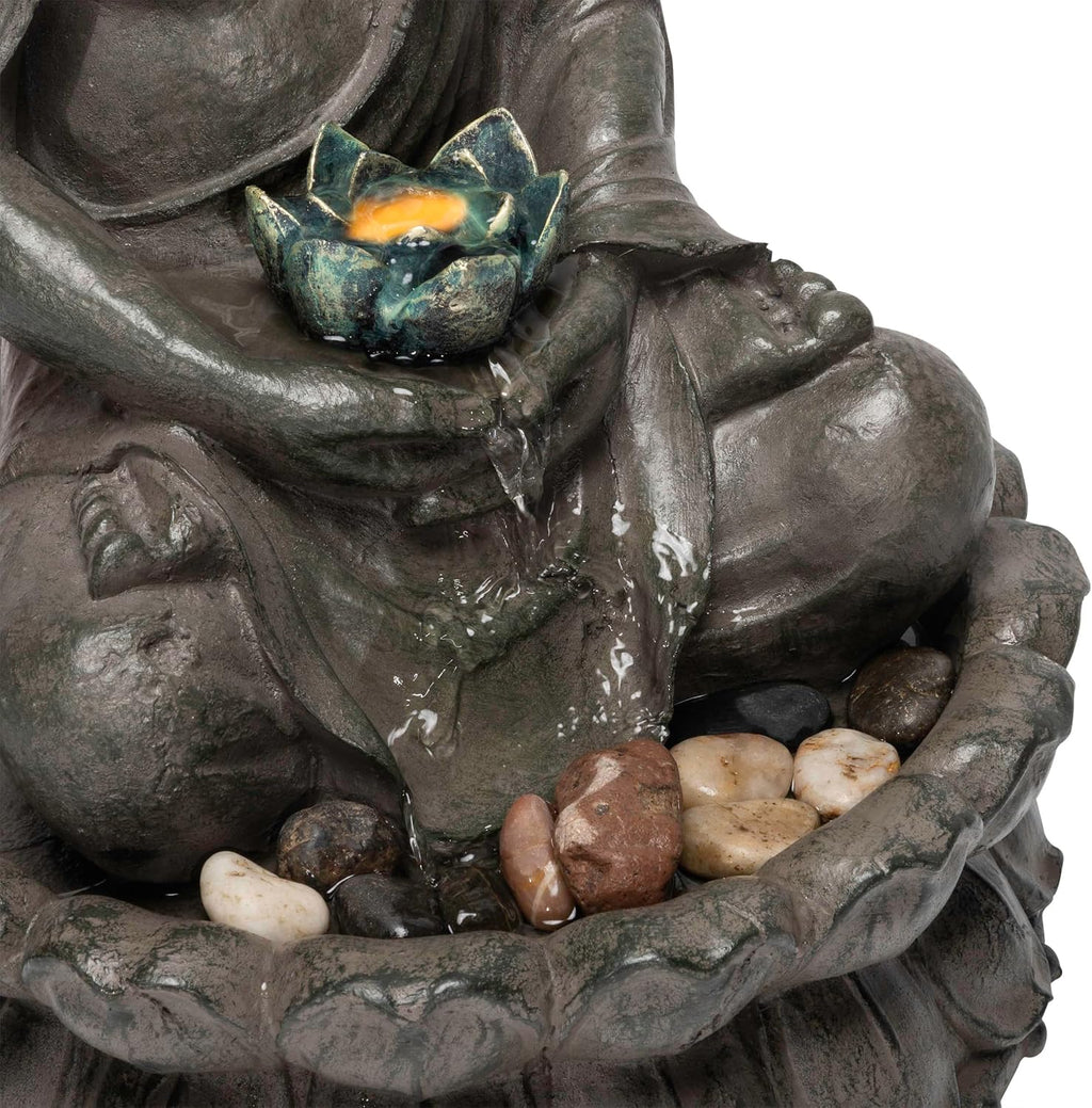 Alpine Corporation GEM178 Indoor Tabletop Meditating Buddha Water Fountain with LED Lights and Lotus Flower, 19', Beige