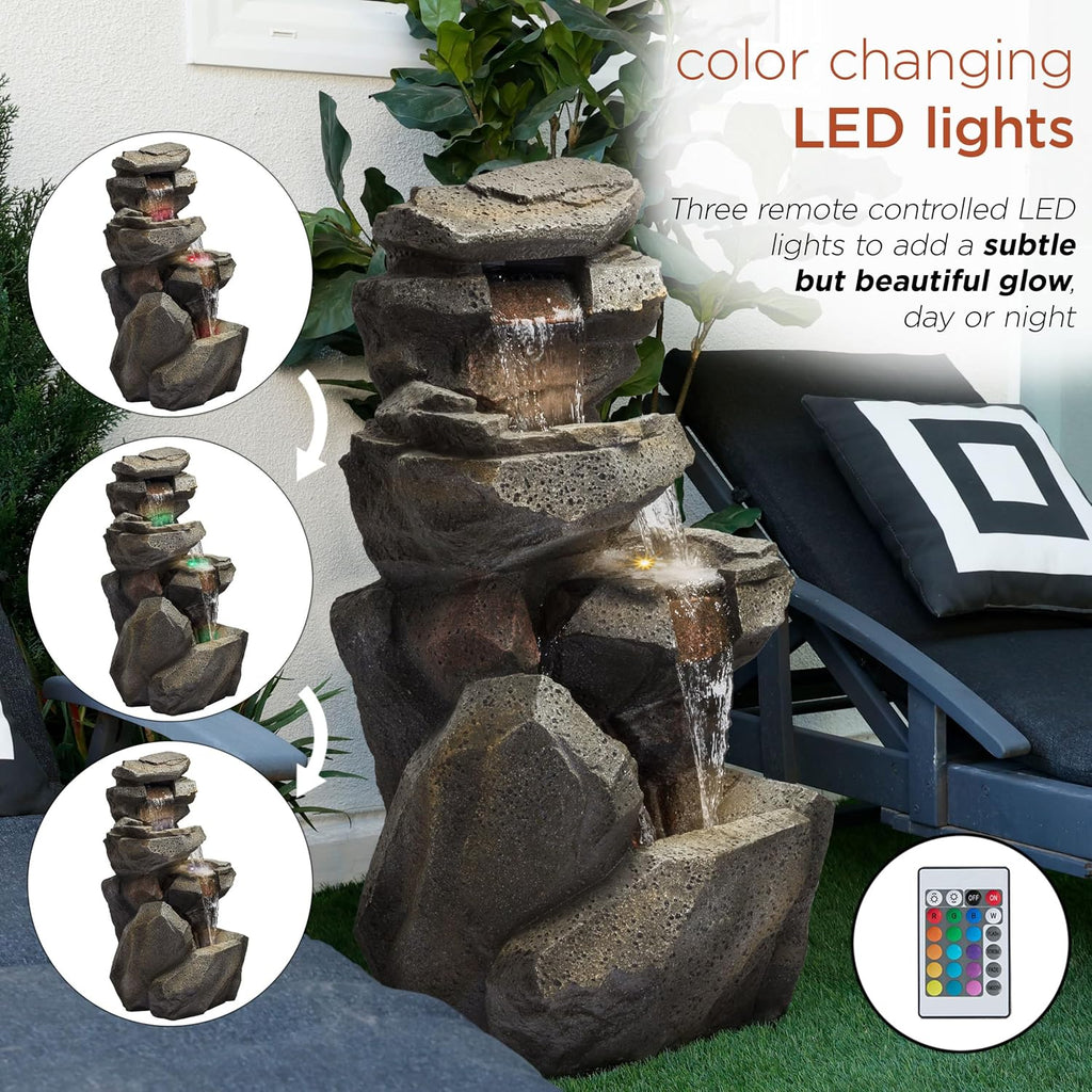 Alpine Corporation 40' Tall Outdoor Multitiered Rock Waterfall Floor Fountain with LED Lights, Natural Stone Look, Cascading Water Feature for Gardens, Patios, and Yards, Gray