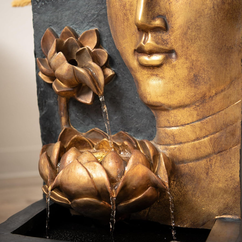 XBrand 30' H Zen Buddha Face Water Fountain w/LED Light & Pump, Indoor/Outdoor Freestanding, Relaxing Zen Décor, Bronze and Natural Grey Polyresin Fountain for Home Patio Garden Backyard