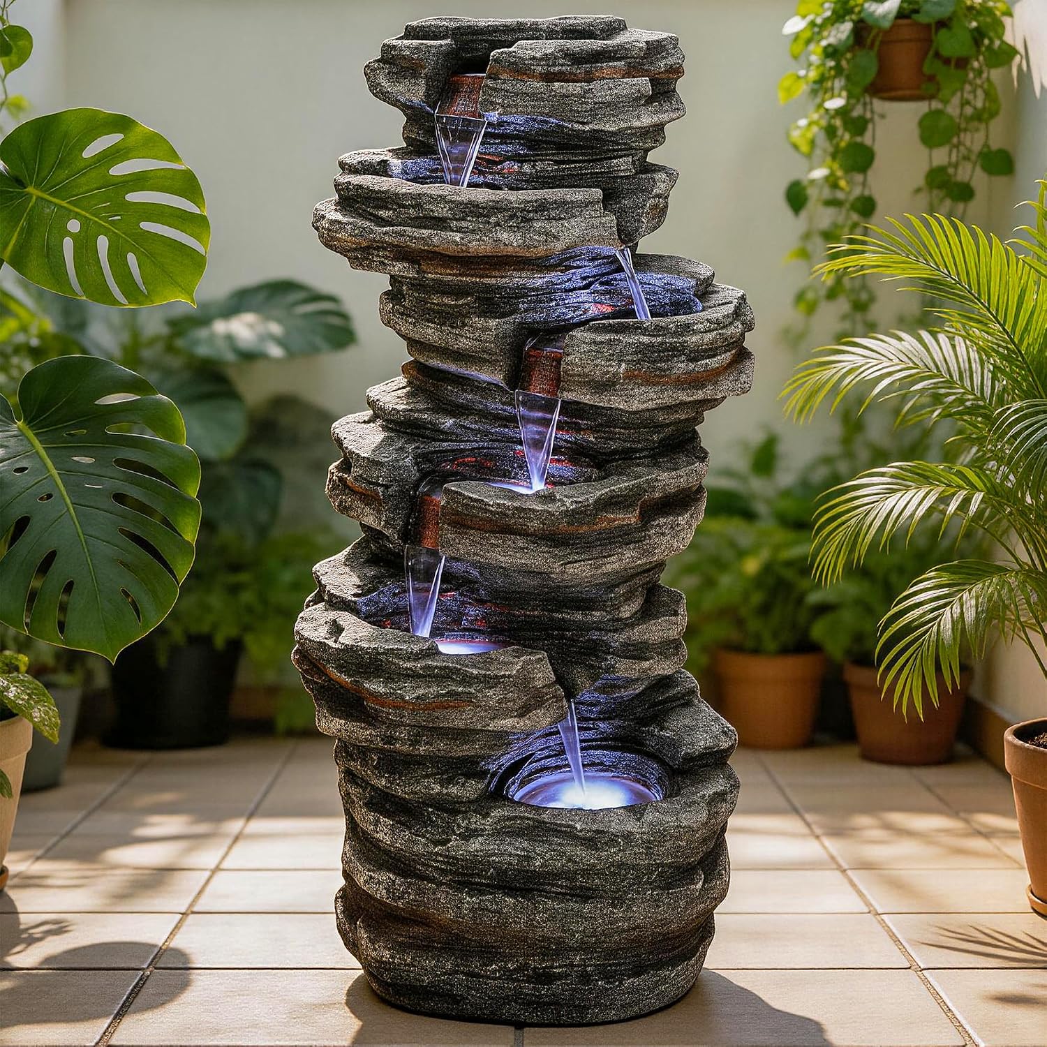 6-Tier Rock Outdoor Water Fountain, 40in Tall Oversized Fountains for Outside, Relaxing Cascading Waterfall for Tranquil Outdoor Garden Patio Garden Backyard Oasis