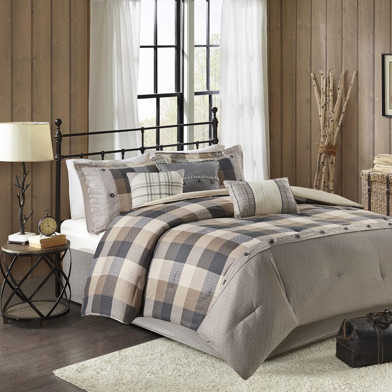 Madison Park Ridge Comforter Set-Cabin Lodge Plaid Herringbone Design All Season Down Alternative Cozy Bedding with Matching Bedskirt, Shams, Decorative Pillow, King(104'x92'), Neutral 7 Piece