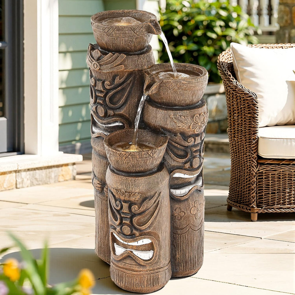 31' Outdoor Fountain, 3-Tier Tiki Head Bowl Water Feature with LED Lights, Tropical Resin Soothing Cascading Waterfall for Patio, Backyard, Garden or Porch